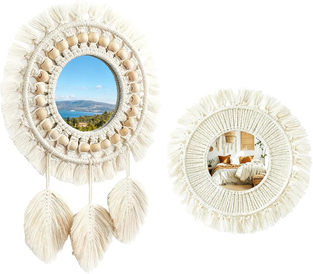 2 stuks decoratieve wandspiegel met geweven franjes, ivoorwit, boho, ronde wandspiegel voor woning, slaapkamer, woonkamer, kamerdecoratie