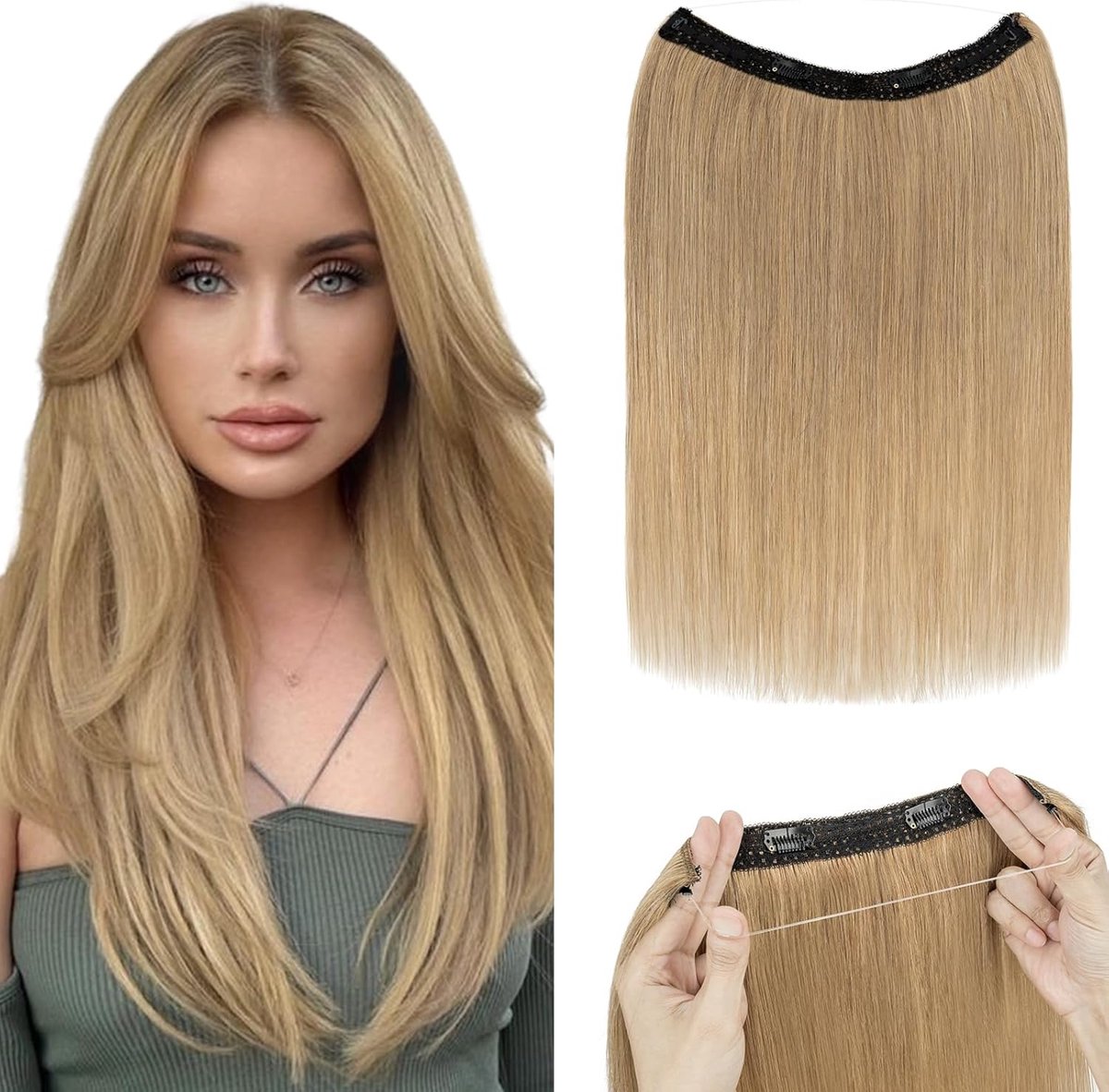 Wire in Extensions van echt haar met transparant koord, donkerblond, 55 g, geheime haarextensies, haarverlenging voor vrouwen, 30 cm, #27