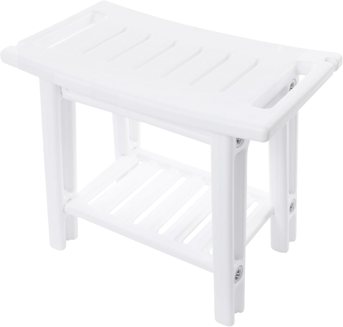 Douchebank, douchekruk met opbergrek en handdoekhouder, antislip lattenzitting, belasting 70 kg, 56 × 32 × 46 cm, voor badkamer en entree (wit)