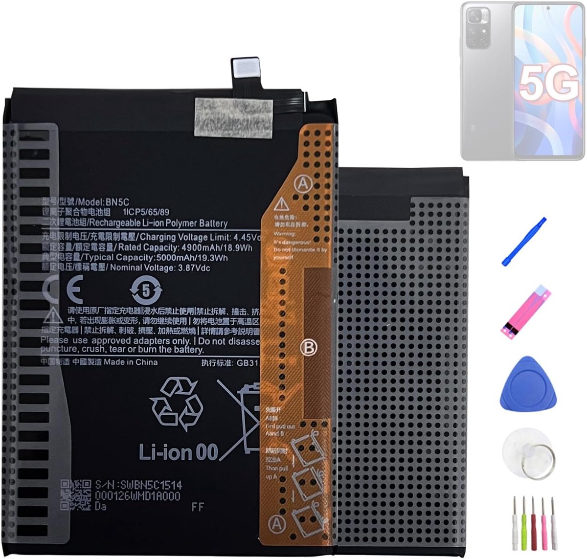 batterij BN5C compatibel met Red-mi Note 11 5G / Po-co M4 Pro 5G / Red-mi Note 11s 5G met gereedschap