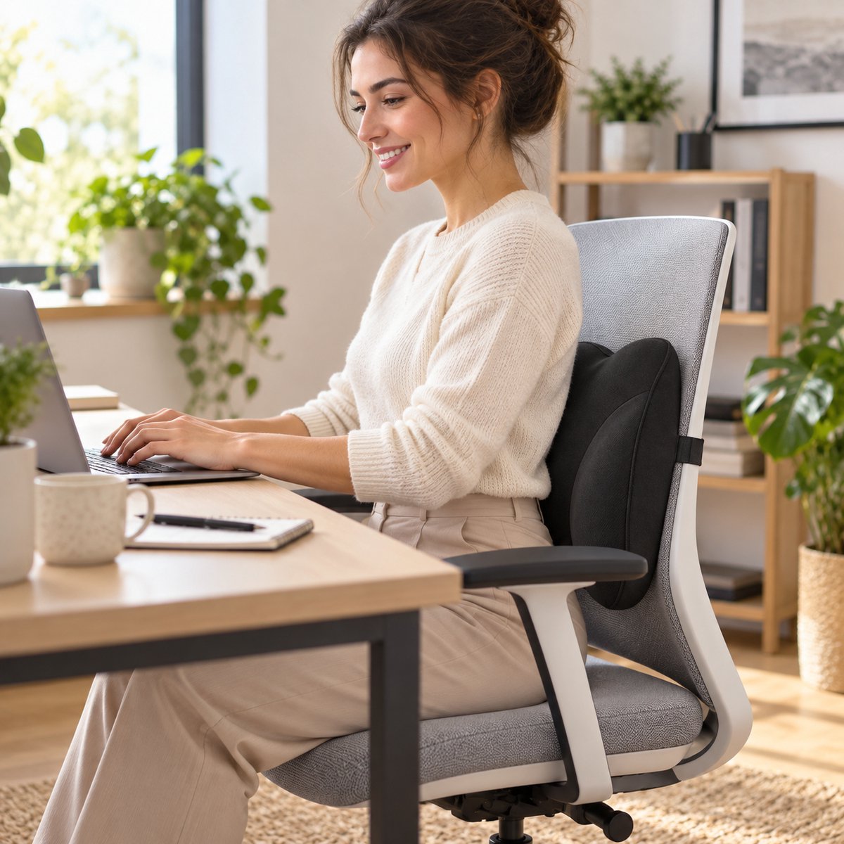 Rugsteun voor Bureaustoel & Auto – Ergonomisch Rugkussen met Traagschuim – Lendensteun met Verstelbare Band – 45 x 28 x 12 cm – Zwart