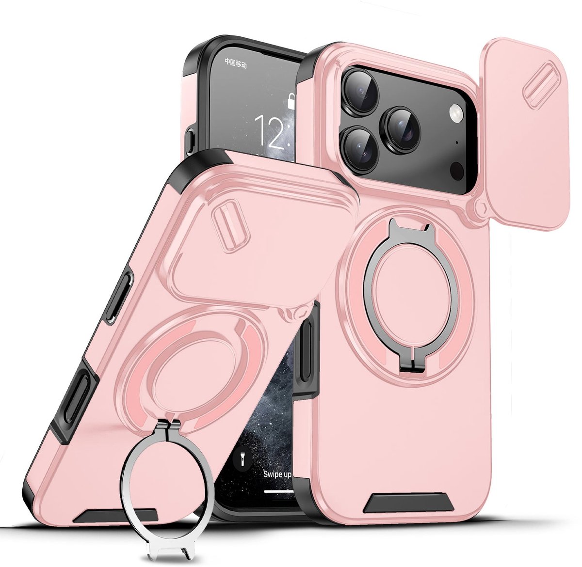 Hoesje Geschikt voor iPhone 18 Pro Hoesje - Rose Goud Hybrid Armor, Schokbestendig met Ringhouder & Kickstand, Verhoogde Camerabescherming – voor MagSafe - Ntech