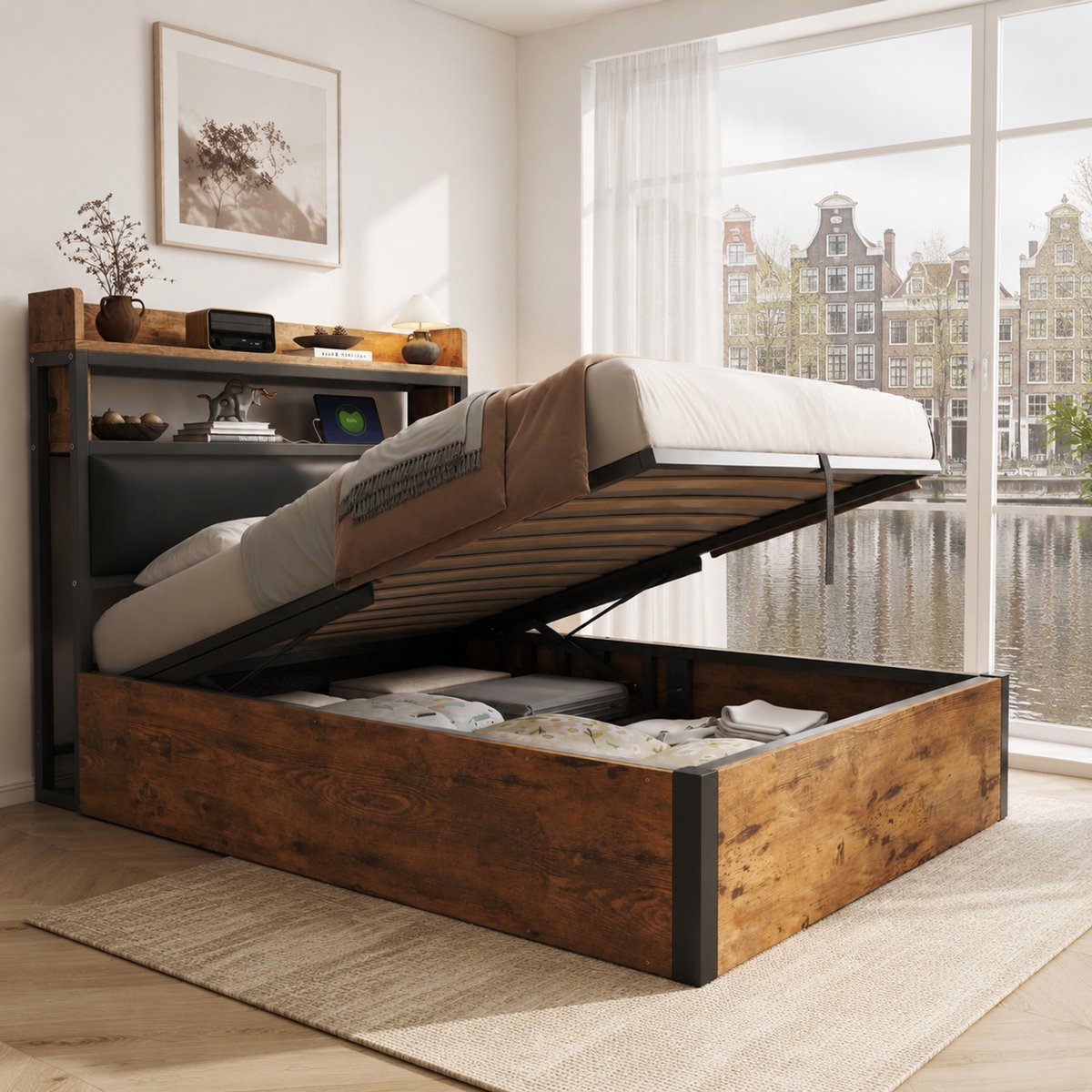 WUVRIE Bettrahmen 90x200 cm met hydraulisch opbergruimtesysteem, USB-aansluitingen, gestoffeerd hoofdbord, retro hout- en metaaldesign Zwart
