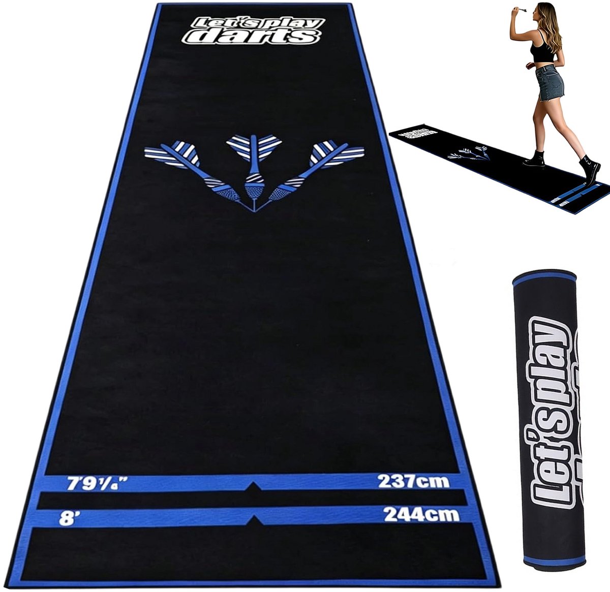 Dartsmat PVC - Dartmatten - Dartvloermat - Antislip & Vloerbescherming - Officieel Oche Systeem - 2 Afstandsmarkeringen - Voor Stalen & Softtip Darts - Oprolbaar - 250x30cm - Dartmat voor Onder Dartbord