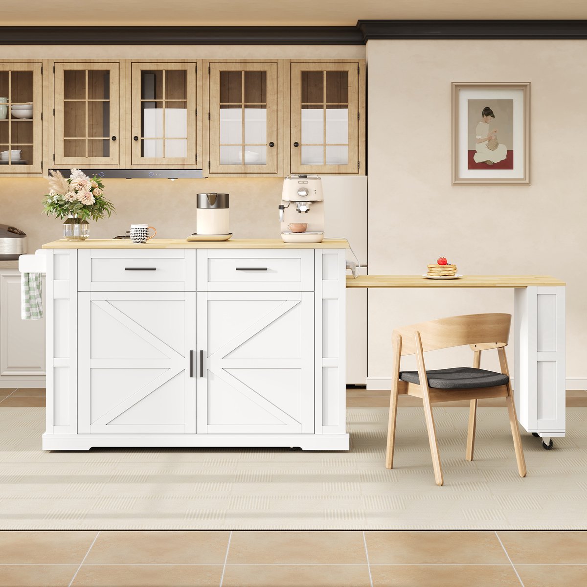 Keukeninsel Met Uittrekbaar Werkblad En Stopcontacten - Voor Koken En Eten In De Keuken - MDF In Wit En Naturel - 130x50x93 Cm