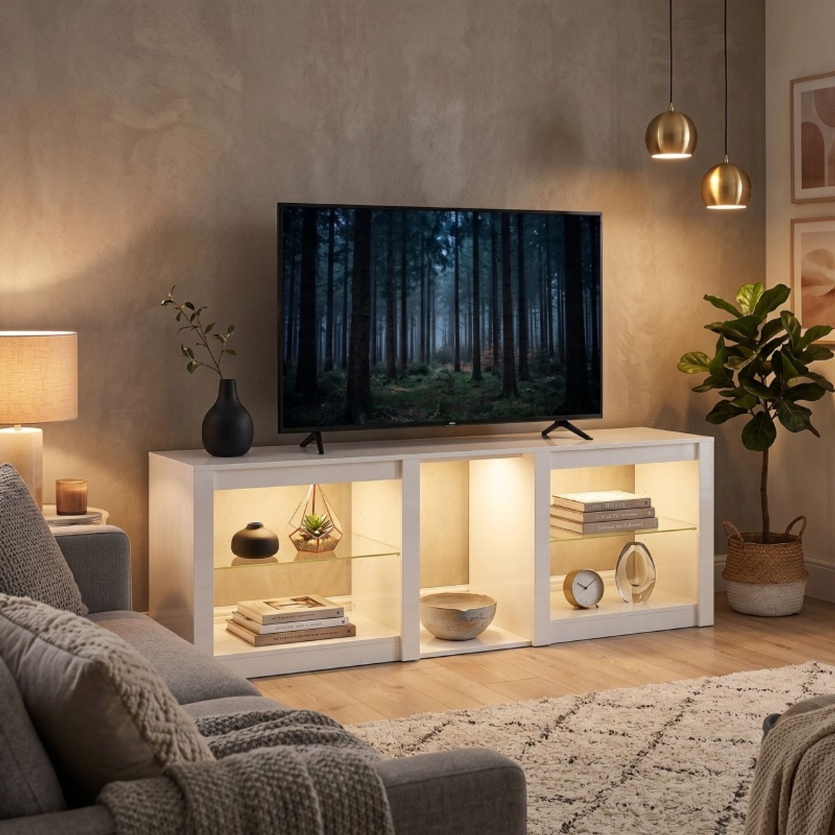 Hauss Spole Tv Meubel - Hoogglans Wit Met Rgb Ledverlichting En Verstelbare Glazen Planken - Voor Woonkamer - 160 Cm