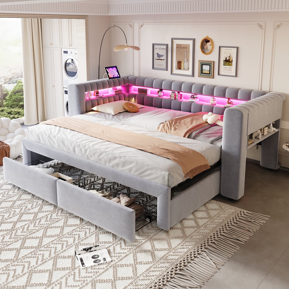 Slaapbank 90x190 Cm Zonder Matras Uitklapbaar Bed Met Opbergruimte Bedladen Led Verlichting Usb En Type C Velours Lichtgrijs