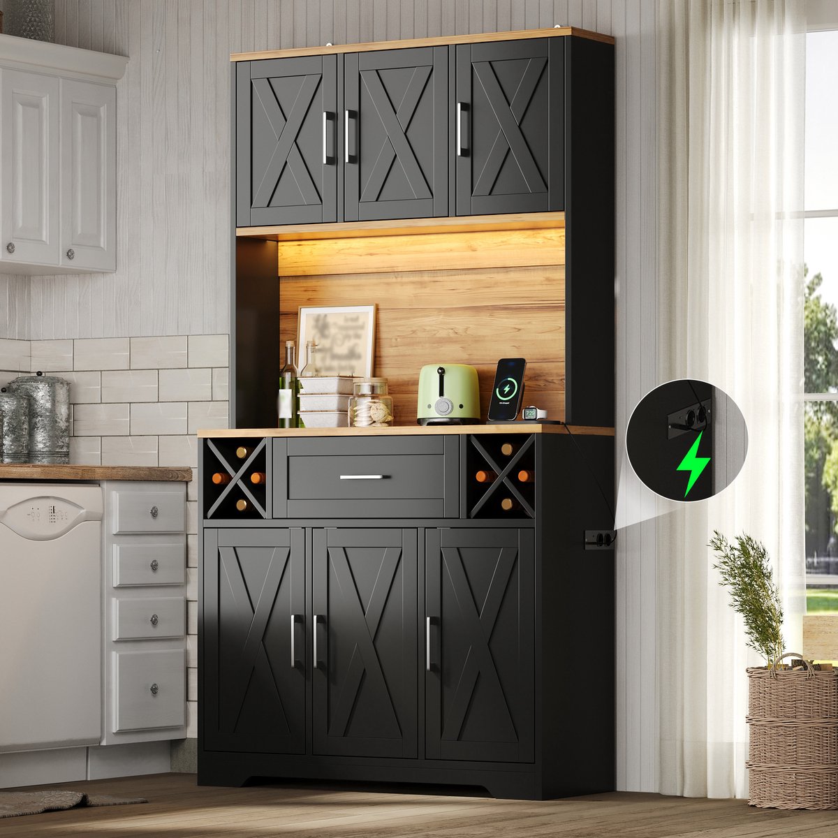 Keukenkast Hoge Opbergkast Met Led Verlichting En Wijnrek Voor Keuken Eetkamer En Woonkamer MDF Naturel Zwart 105 X 40 X 180 Cm