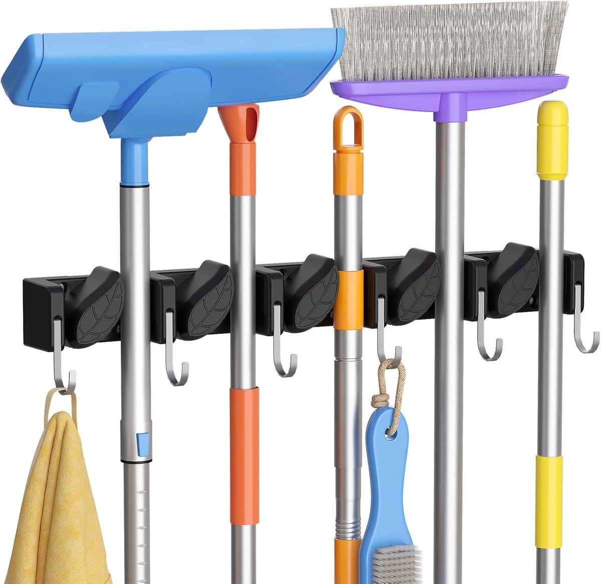 Muurbeugel voor bezems en schoonmaakgereedschap met 6 haken en 5 slots, ideaal voor keuken, tuin, garage en wasruimte, 1 stuk