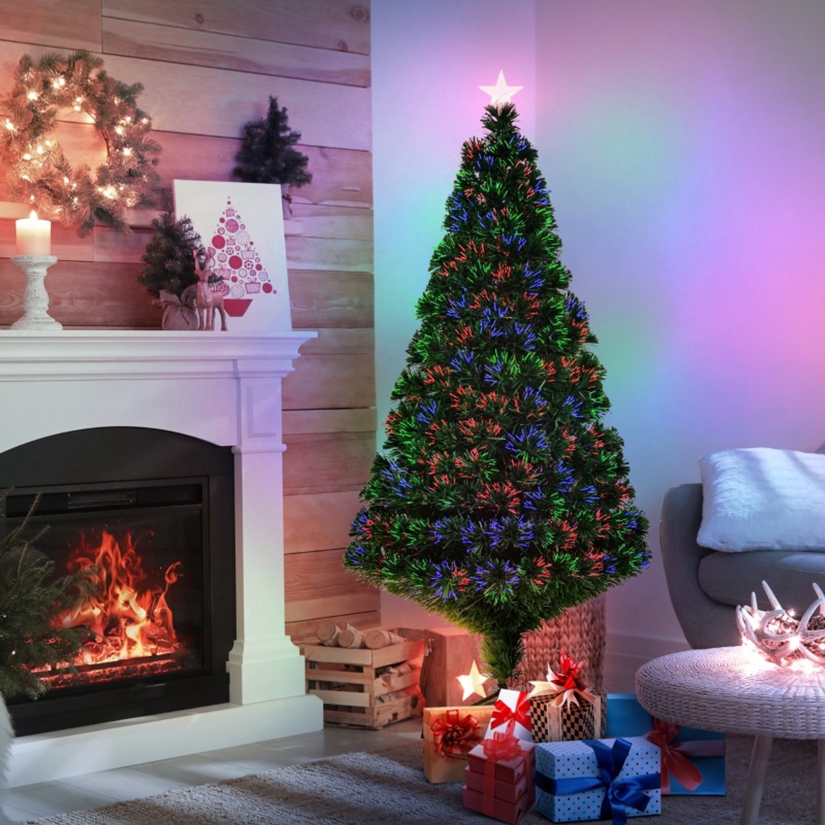 Kunstkerstboom – LED Verlichting Met Glasvezel En 180 Takpunten – 150 Cm – PVC En Metaal – Groen – Voor Binnen Met Metalen Standaard