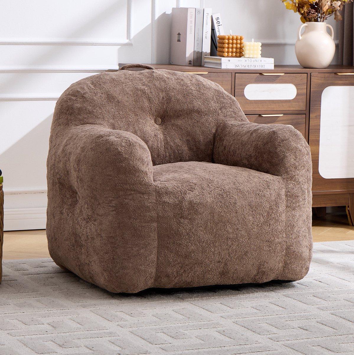 Beanbag Stoel met Pluche Vulling, Faux Fur Zitzak met Armleuningen, voor Woonkamer, Slaapkamer & Leeshoek, Geen Montage Nodig, Khaki
