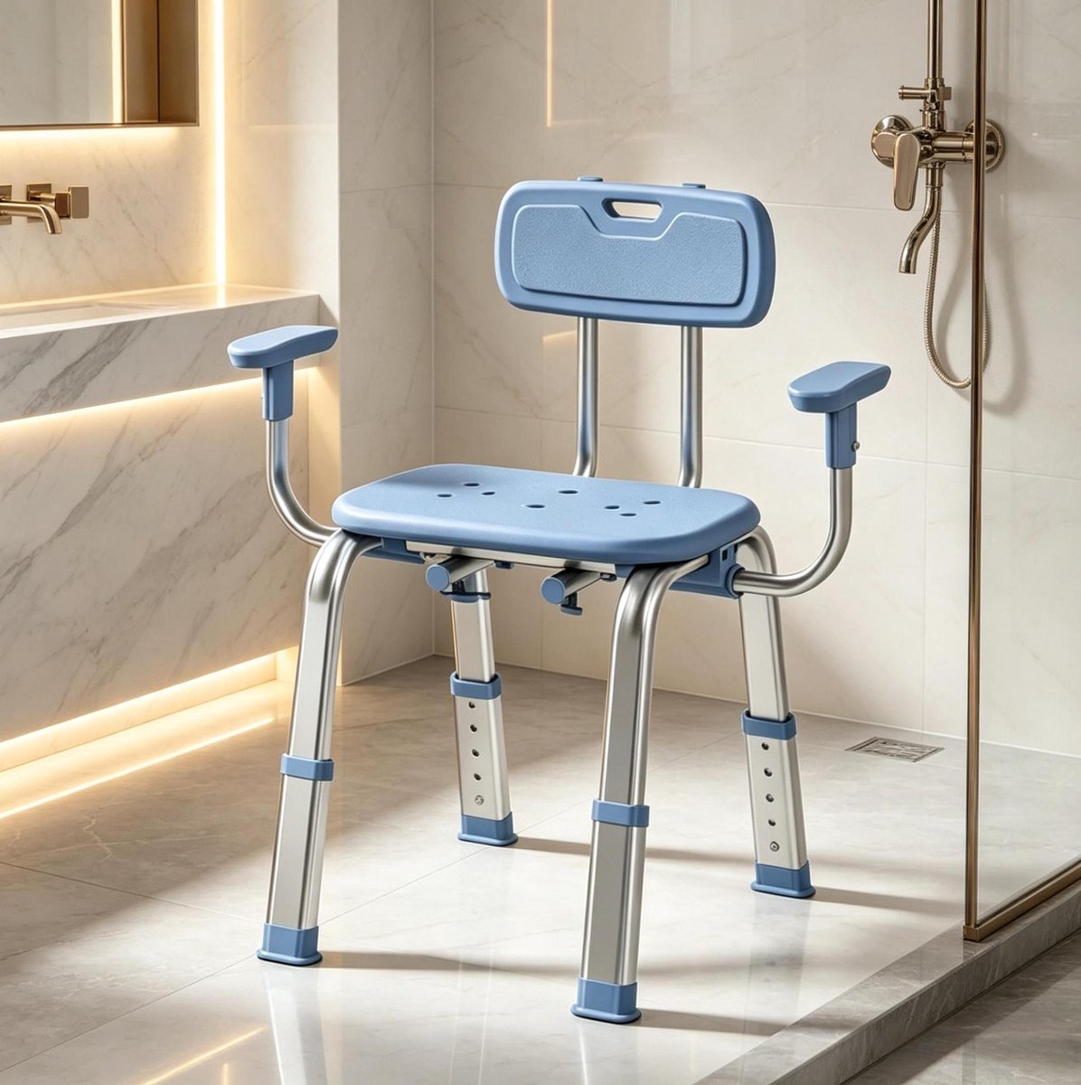 REDOM - Douchestoel - Ergonomisch - In hoogte en breedte verstelbaar - Antislip en roestbestendig - Voor badkamergebruik - Aluminium en HDPE - Blauw - 60-70 x 52 x 62-72 cm