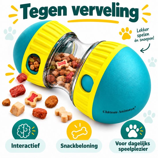 Blauwe en gele snackbal, gevuld met hondenvoer. Met icoontjes 'Interactief', 'Snackbeloning' en 'Voor dagelijks speelplezier'.