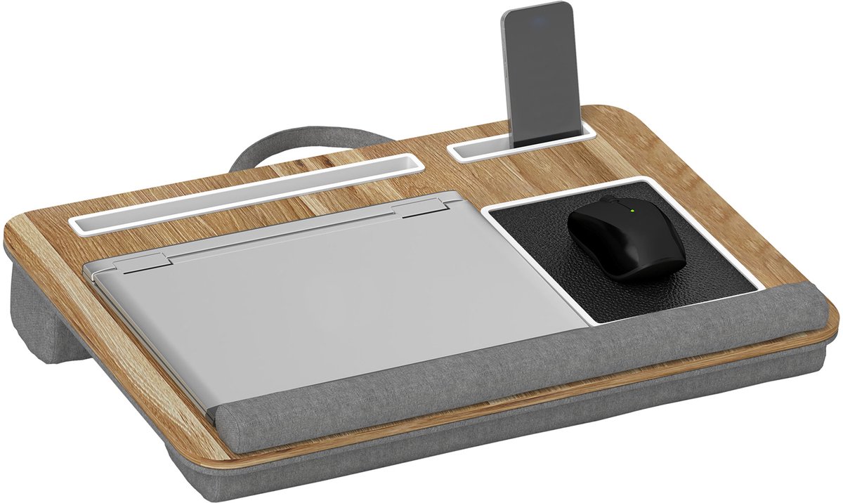 Laptopstandaard - Tabletgleuf - Muismat - Polssteun - Inclusief kussen - Eikenkleur