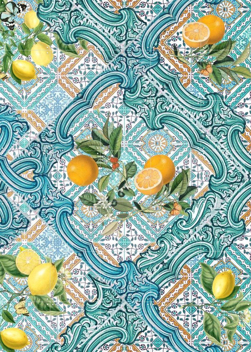 IXXI Mediterranean tiles and citrus fruit teal IIII, Bloomery Decor - 100 x 140 cm - Gratis ophangtool - Grote wanddecoratie en posters - Kleurrijk