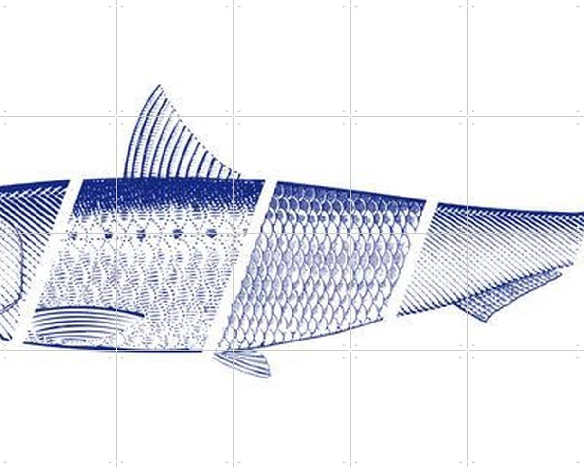 IXXI Blue Fish, Hip en Hanneke - 100 x 80 cm - Gratis ophangtool - Grote wanddecoratie en posters - Illustraties, Grafisch Ontwerp, Houtsnede, Line