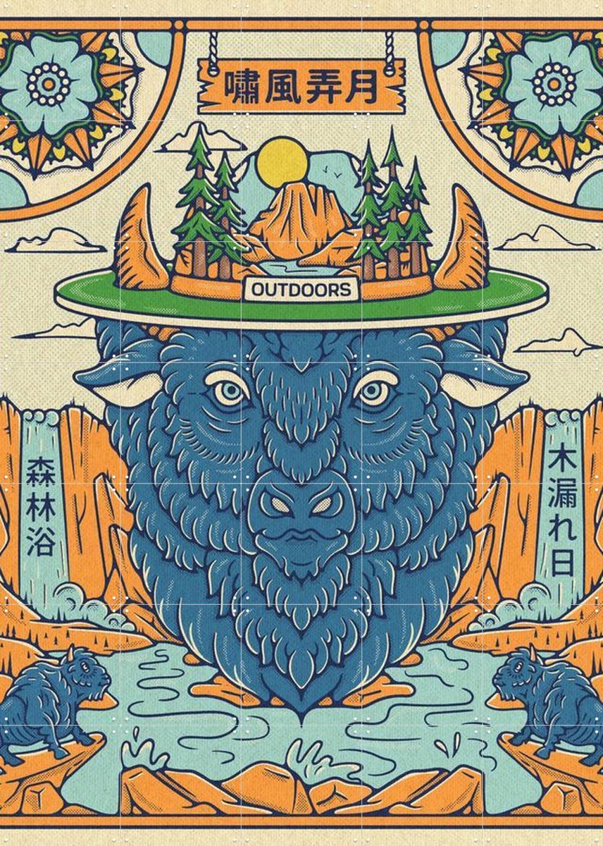 IXXI The Great Outdoors Adventure - Bison, Ryan Ragnini - 100 x 140 cm - Gratis ophangtool - Grote wanddecoratie en posters - Illustraties, Speels