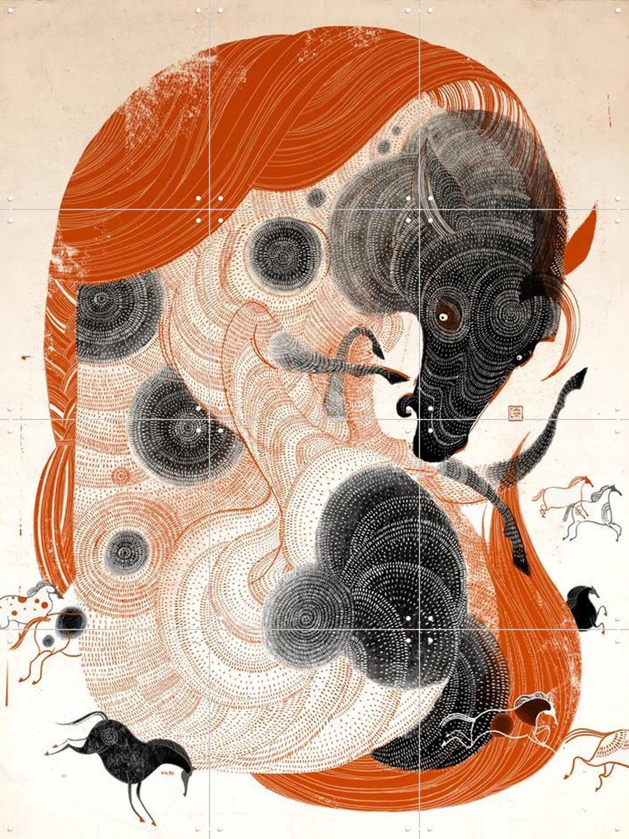 IXXI Horse Too Big, Victo Ngai - 60 x 80 cm - Gratis ophangtool - Grote wanddecoratie en posters - Line art, Abstract, Grafisch Ontwerp, Illustraties