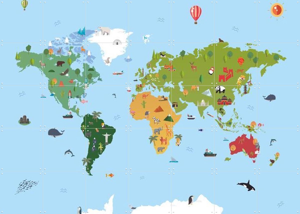 IXXI World Map Kids, Kunst in Kaart - 140 x 100 cm - Gratis ophangtool - Grote wanddecoratie en posters - Speels, Kleurrijk, Digitale Kunst, Grafisch