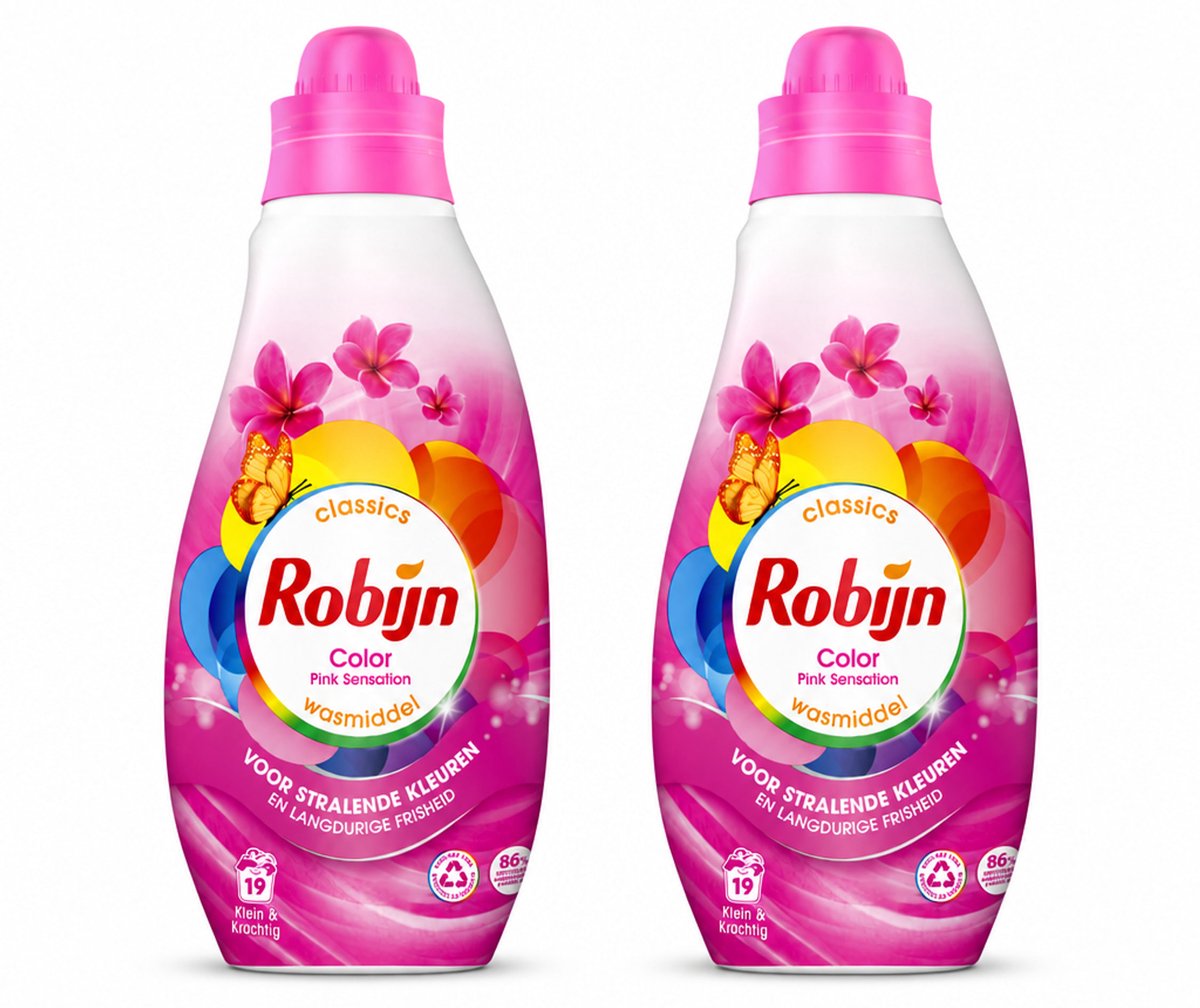 2 x Robijn - Klein & Krachtig Classics Color Pink Sensation - Vloeibaar Wasmiddel - 19 Wasbeurten - Bulkverpakking - 2 stuks