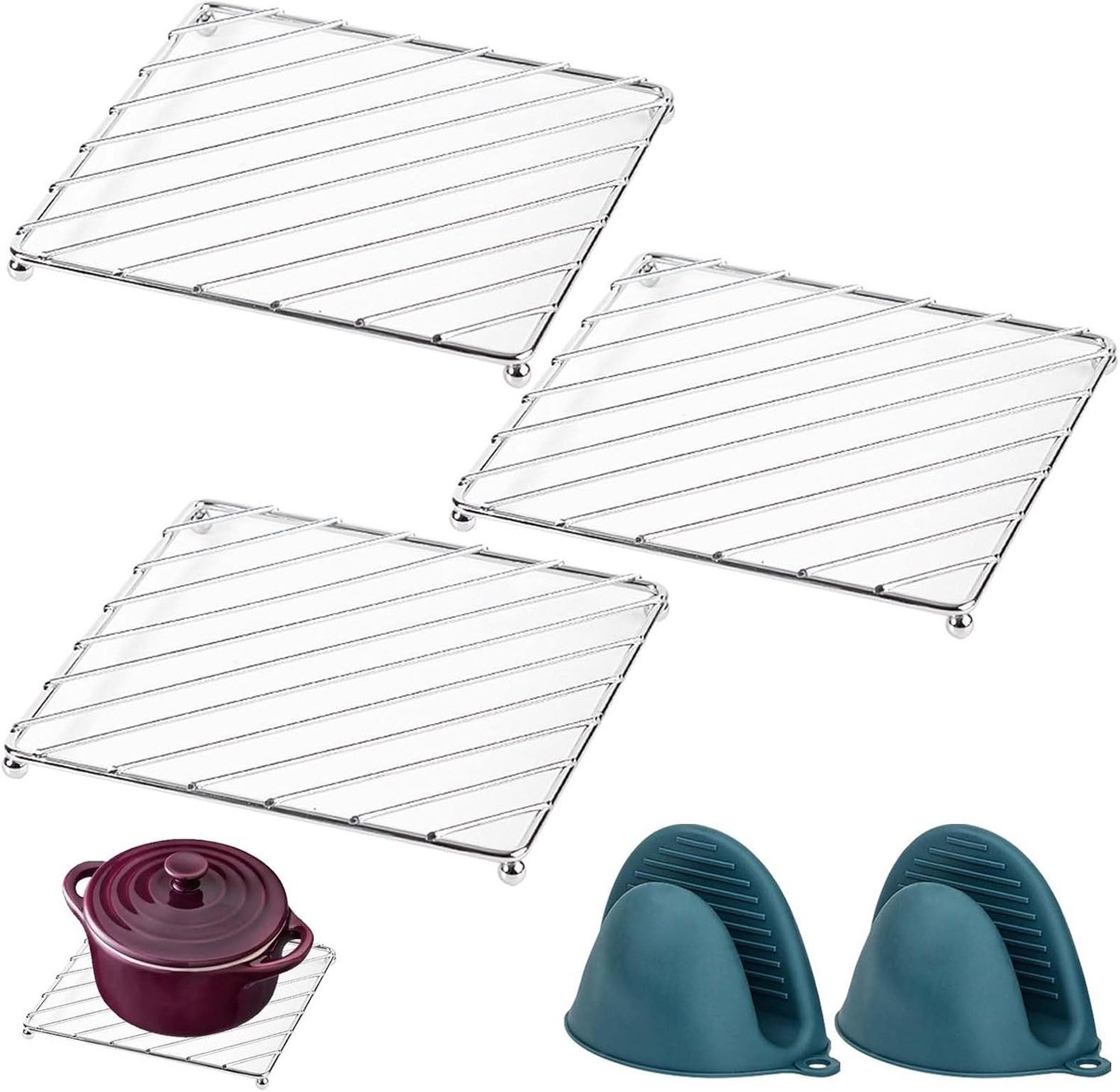 Set van 3 Hittebestendige Onderzetters met Isolerende Handschoenen, 18.5 x 18.5 cm, Keukenaccessoires voor Pannen, Potten en Bakschalen