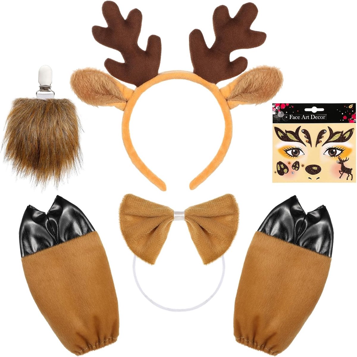 5-delig rendier kostuum voor volwassenen en kinderen, inclusief haarband, gezichtstatoeage, staart, handschoenen en accessoires voor Halloween en Kerstmis
