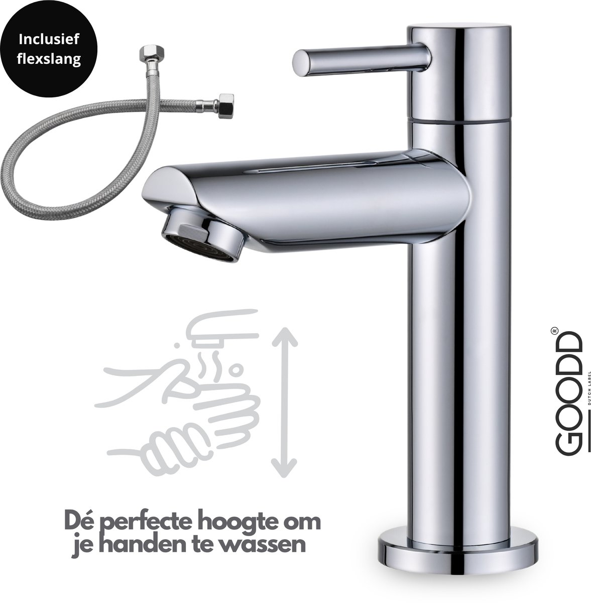GOODD® - Fonteinkraan - Koudwaterkraan - Toiletkraan - Wc kraan - Chroom - Glans - Aansluitslang
