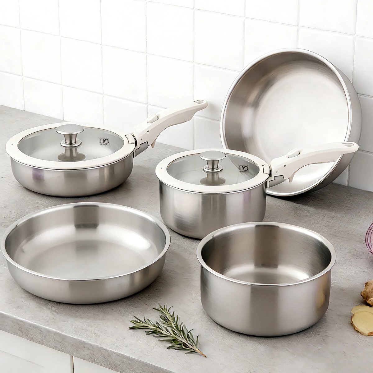 CS Kochsysteme PETAL Pannenset – 9-delig – 18/10 RVS – Afneembare Handgrepen – Inductie – Ovenbestendig
