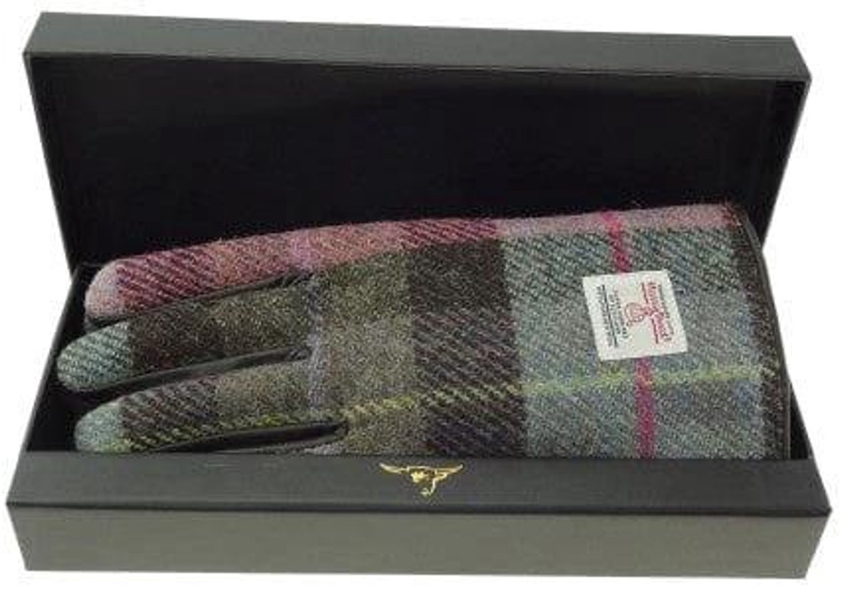 Dames Handschoenen Gedempt Groen en Paars met bruin leer - Harris Tweed - Glen Appin of Scotland S