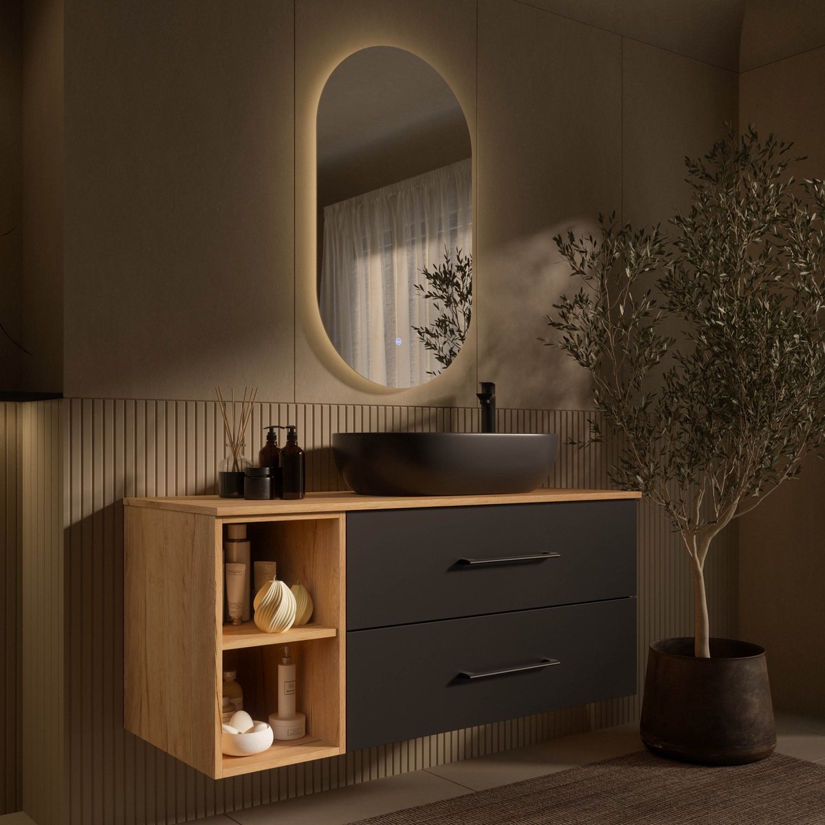 Planetmöbel LUX - Badkamermeubelset 120 cm - Goud eiken en antraciet - Met zwarte opzetwastafel 60 cm - Met LED-spiegel