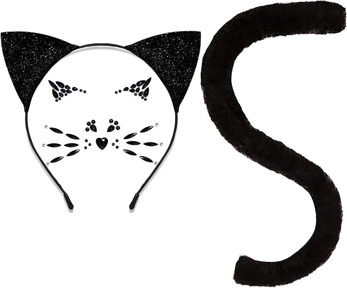 Kattenkostuum voor volwassenen met kattenoren, staart en gezichtstatoeage voor Halloween en carnaval, ideaal voor cosplay en feestjes