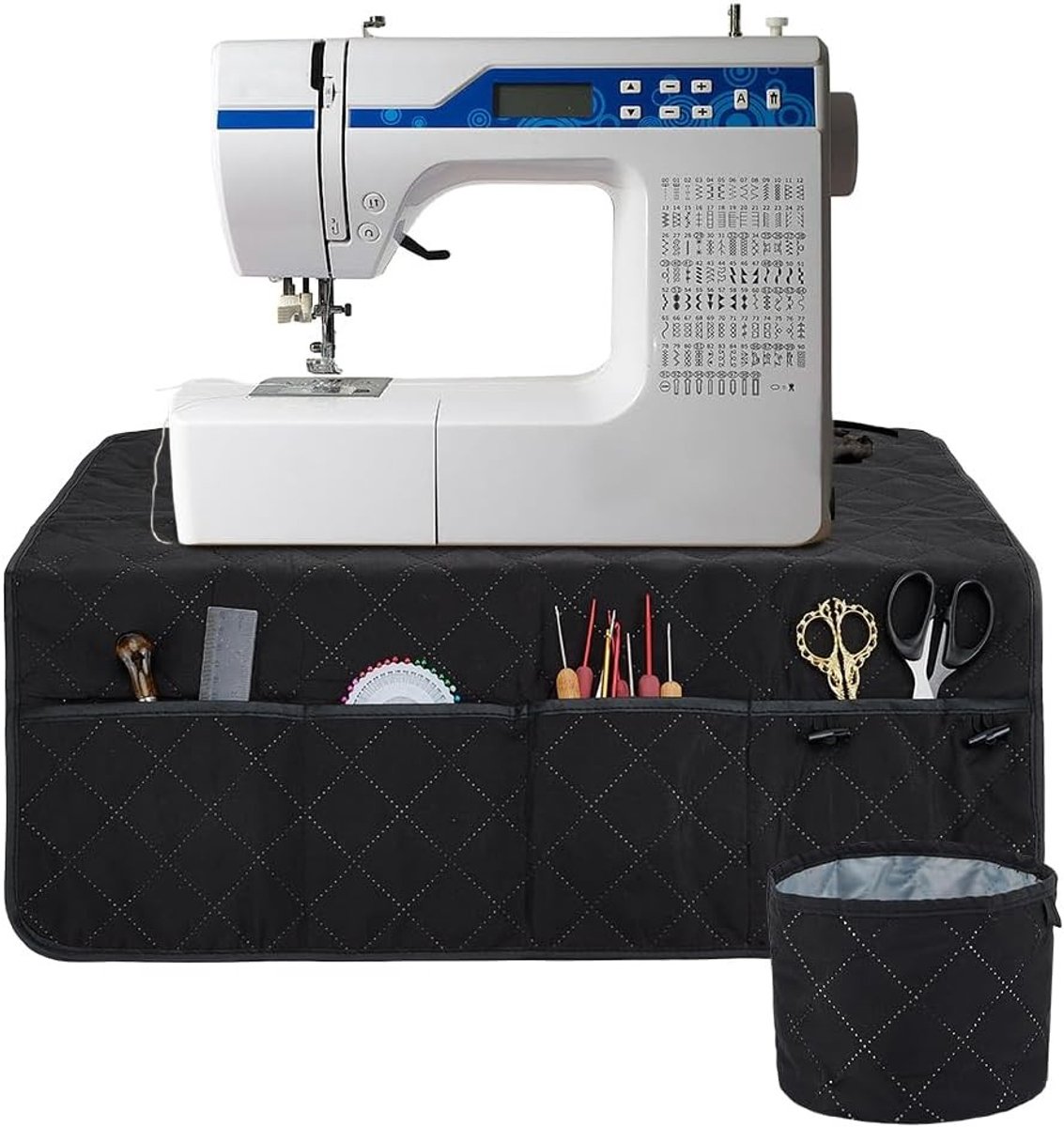 Sewing Machine Organizer Mat Zwarte Tafelbedekking met Opbergtas voor Naaigereedschap en Bescherming, 66 x 66 cm, Ideaal voor Thuiswerkplaats en Organisatie
