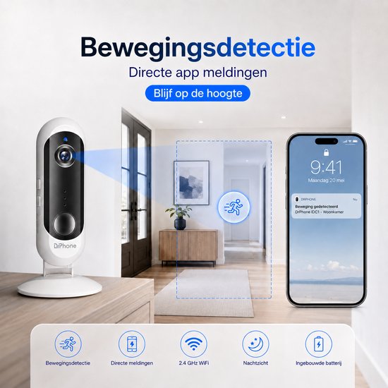 DrPhone IDC1 - 1080P Full HD Indoor Camera Met Micro SD Kaart Ingang - Camera Met Nachtvisie & Infrarood - Camera Met Mobiele App - Bewegingsdetectie - 2-weg audio -Wit van DrPhone — afbeelding 5
