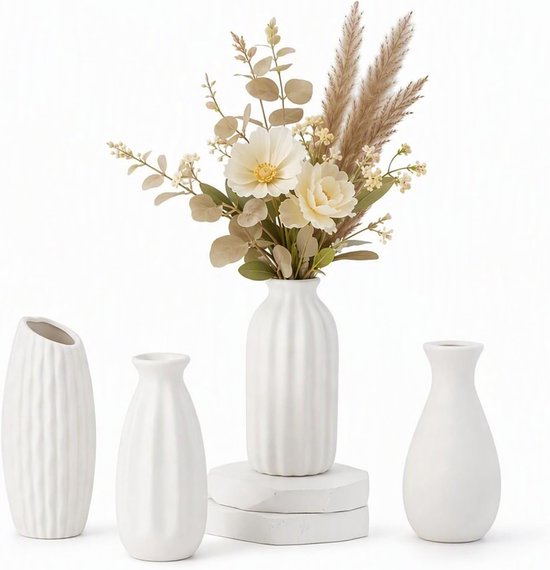 Keramische vaasset in wit met 4 verschillende maten, ideaal voor droogbloemen, verse bloemen en stijlvolle tafeldecoratie in woonkamer en slaapkamer