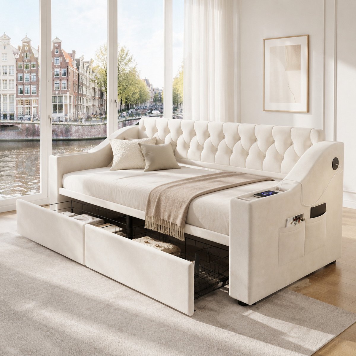 WUVRIE Polsterbett Schlafsofa 90x190 cm beige – Slaapbank met USB-ladeanschluss, brede armlehnen & dubbele bedlade
