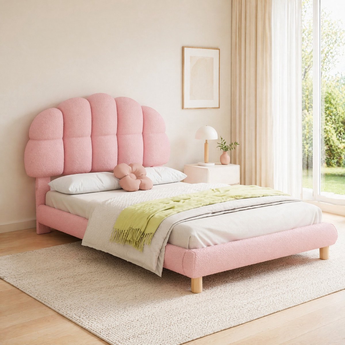 90x200 cm Eenpersoonsbed Kinderbed Jugendbed Polsterbed Boucle Rosa Verstelbaar Hoofdeinde MDF Lattenbodem