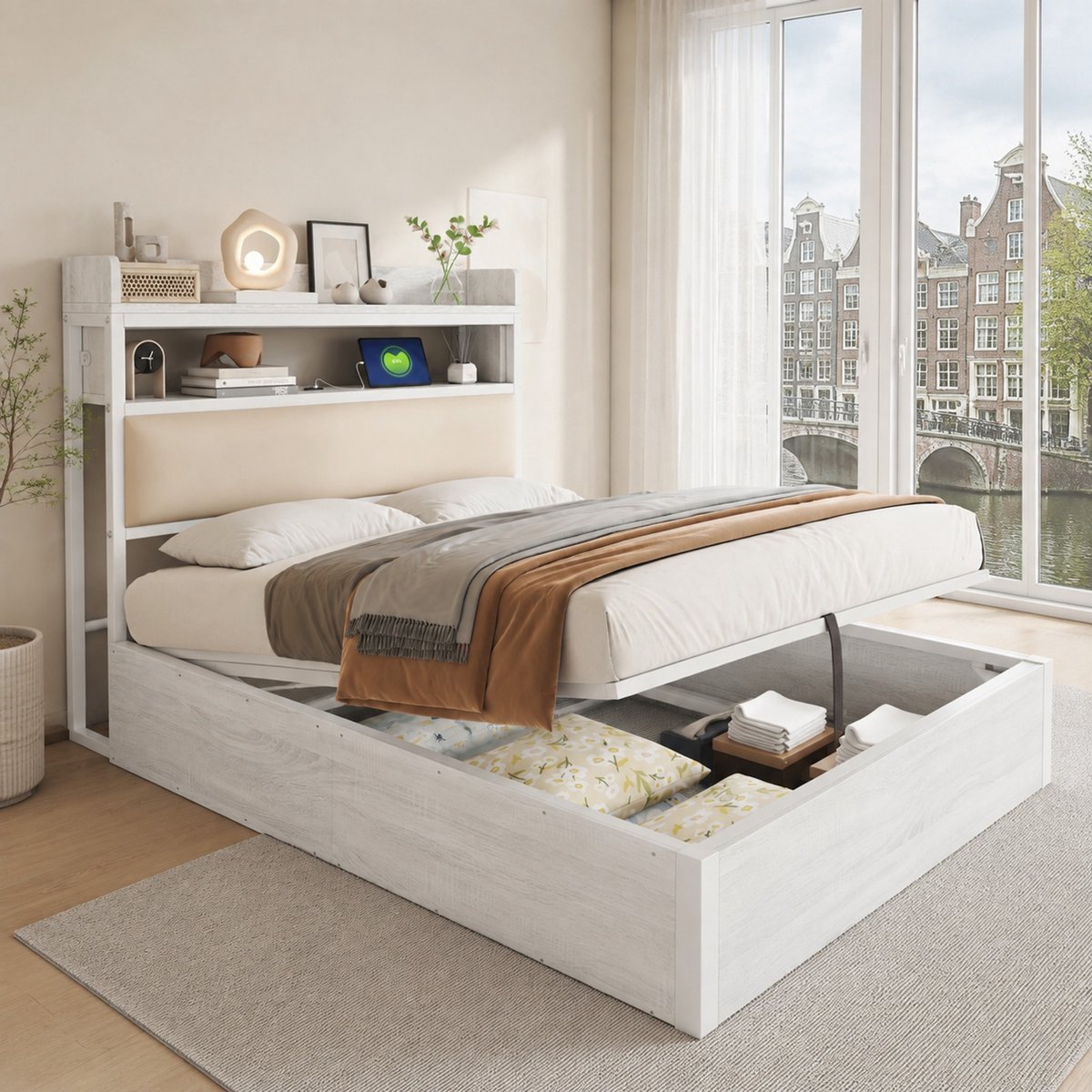 WUVRIE Bettrahmen 90x200cm met hydraulische hub, USB, gepolsterd hoofdeinde, retro hout- en metaaldesign, witte bedbodem met opbergruimte