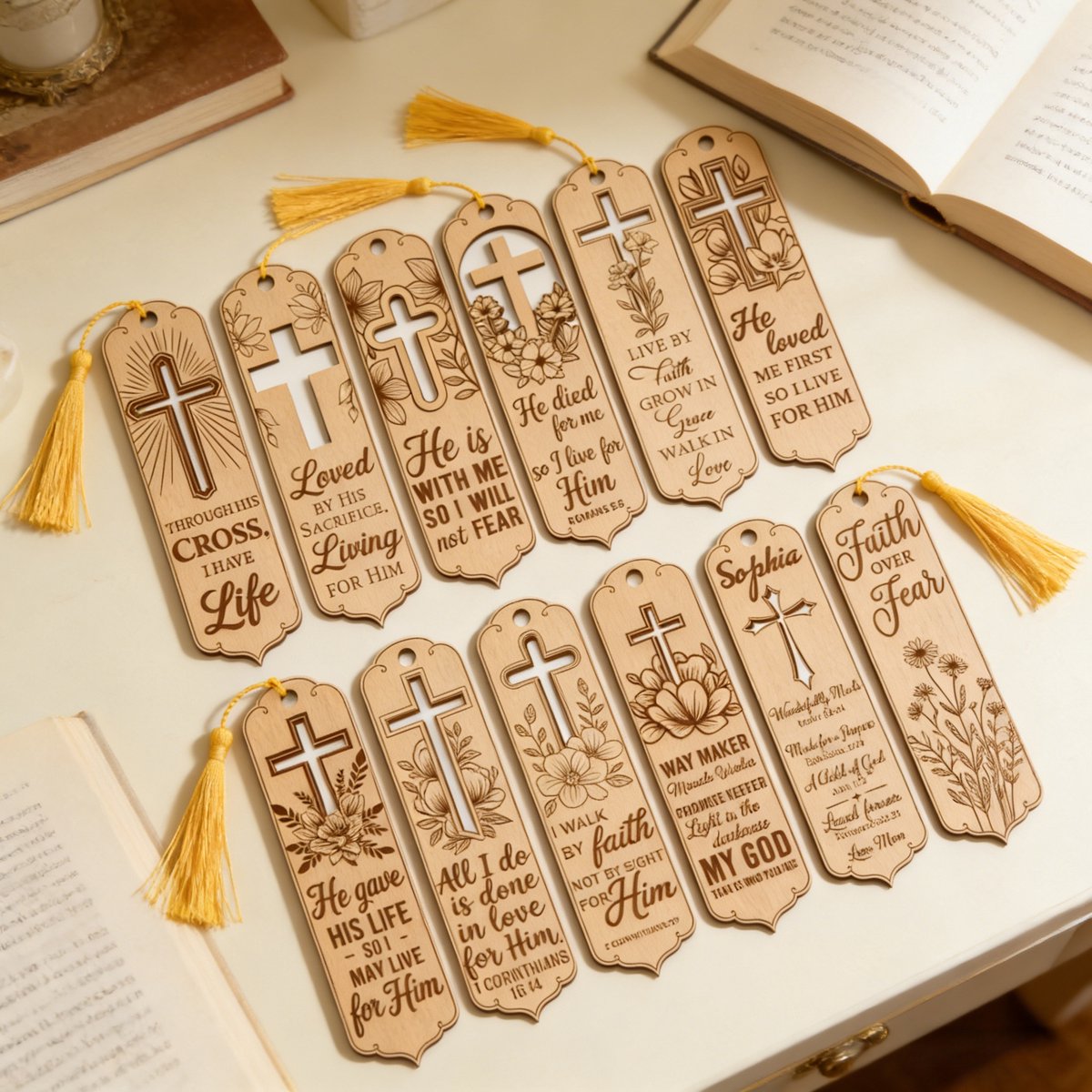 VANDAAG VERZONDEN - Set van 6 HOUTEN Boekenleggers - Bijbeltekst - Christelijk - Hout