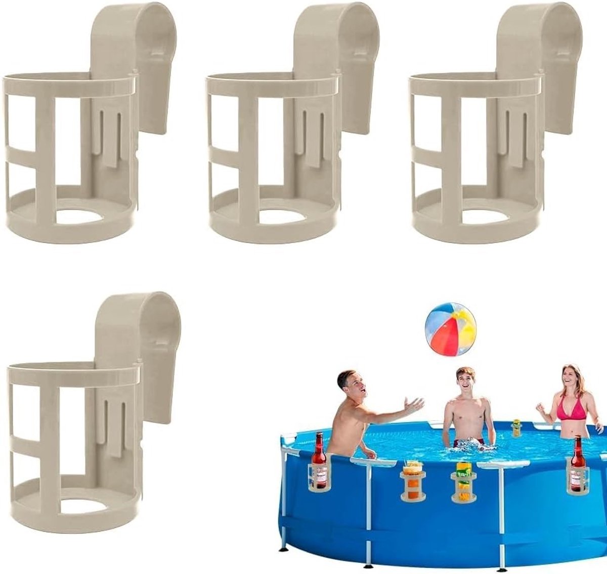 Set van 4 Pool Cup Holders voor het Ophangen - Ronde en Vierkante Drinkhouders voor Zwembadrand en Drankopslag