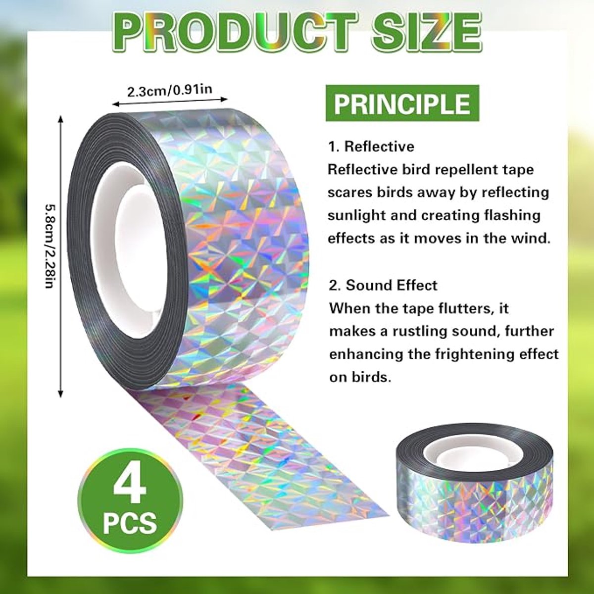 Reflecterende vogelwerende tape, 4 rollen per verpakking, elke rol 80 Geschikt voorer x 2,2 cm, vogelwerende tape ter bescherming van fruitbomen in de tuin.