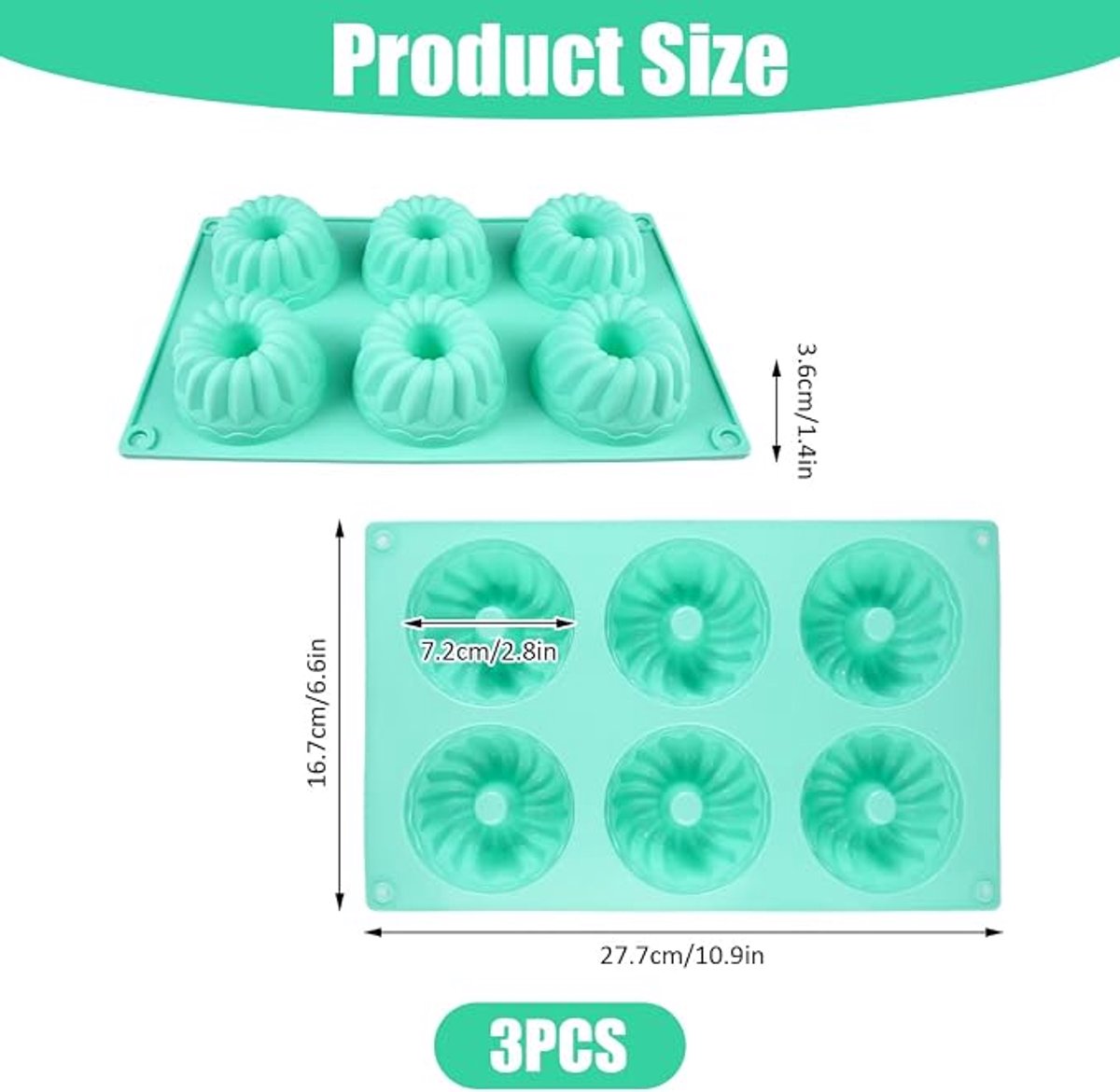 Mini Gugelhupf siliconen bakvormen, 3-delige set, donutvorm Geschikt voor 6 gaten (groen)