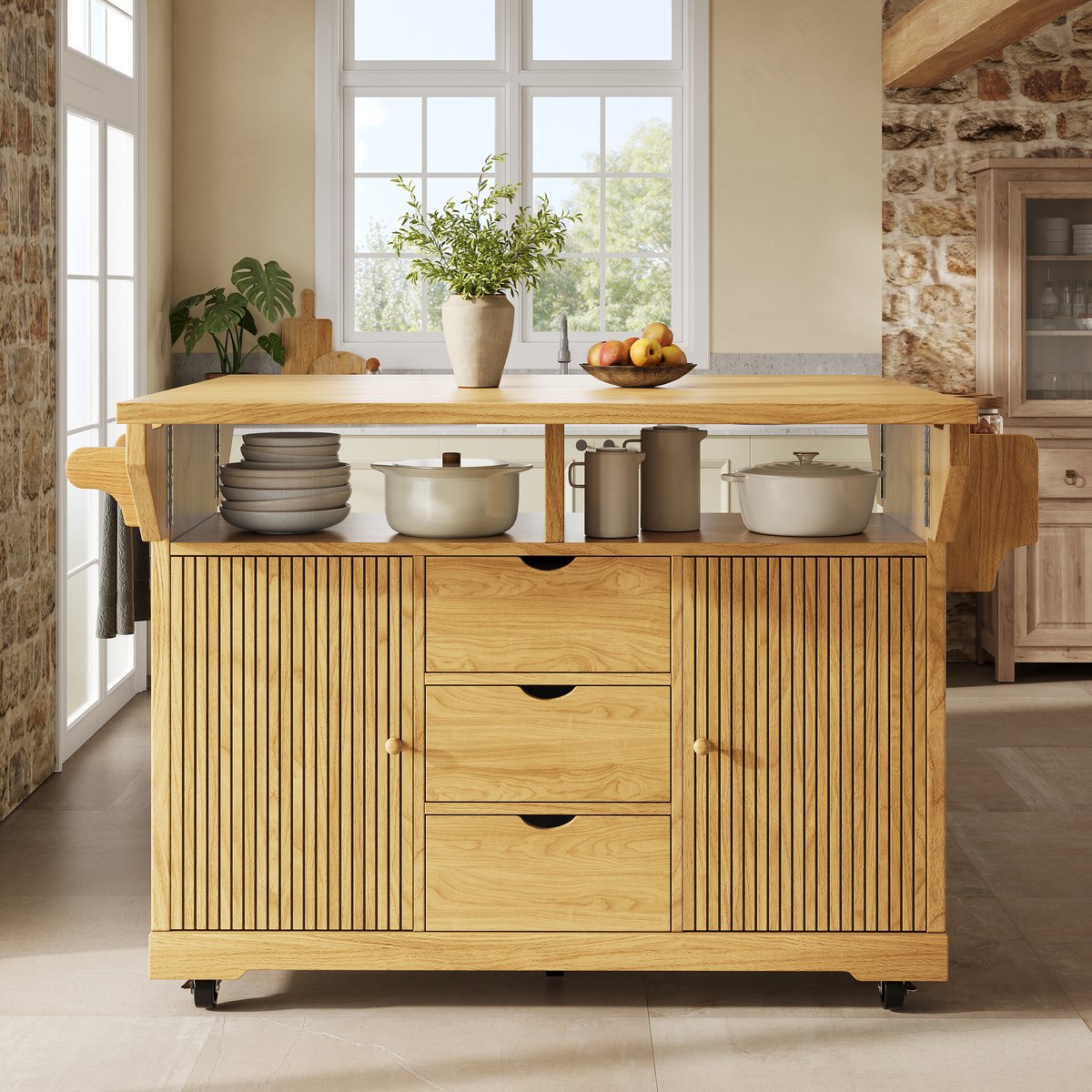 HAUSS SPOLE Keukeneiland - Uitklapbare Werktafel Met 3 Laden En Wielen - Voor Keuken En Eethoek - MDF En Metaal - 142,5x80x95 Cm - Bruin