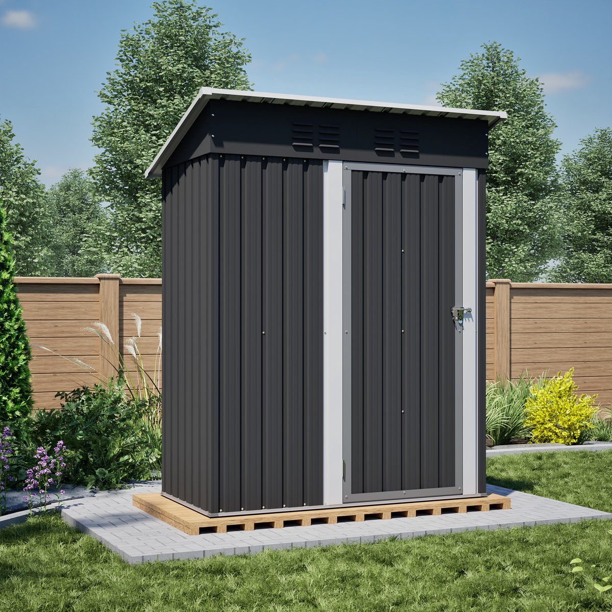 Tuinhuis - 152x84x182 cm - Zwart - Plat dak - Raam - Afsluitbaar - Bodemframe