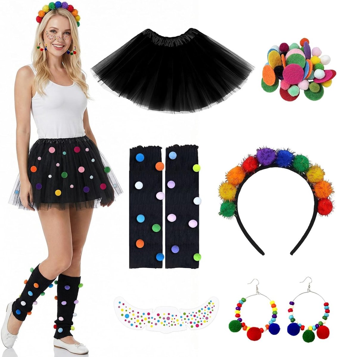Carnaval Kostuum Set voor Vrouwen met Tulle Rok, Legwarmers, Haarband en Accessoires voor Feestjes en Thema-evenementen