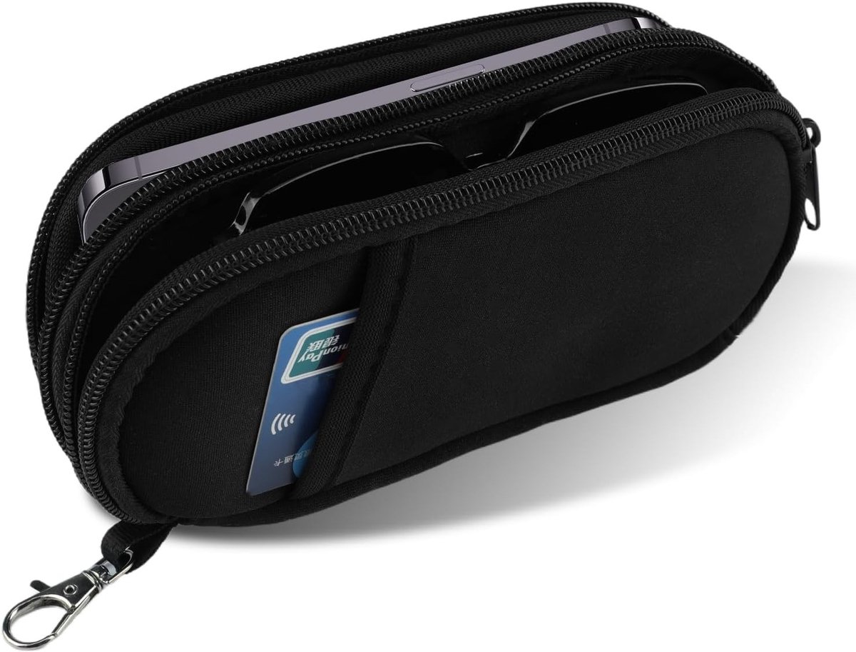 Zachte Zwarte Brilhoes voor Dubbele Brillen, Draagbare Neopreen Zonnebril Pouch met Rits voor Mannen en Vrouwen, Eyewear Accessoires