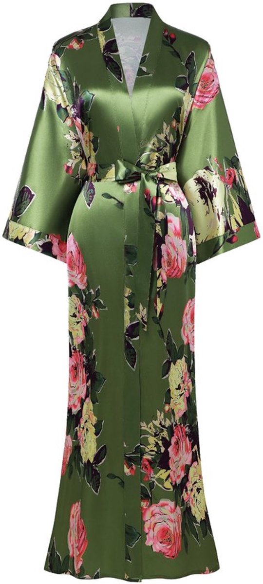 Dailygoods - Ochtendjas - Maxi lange kimono - Bloemenpatroon - Groen - Badjas dames