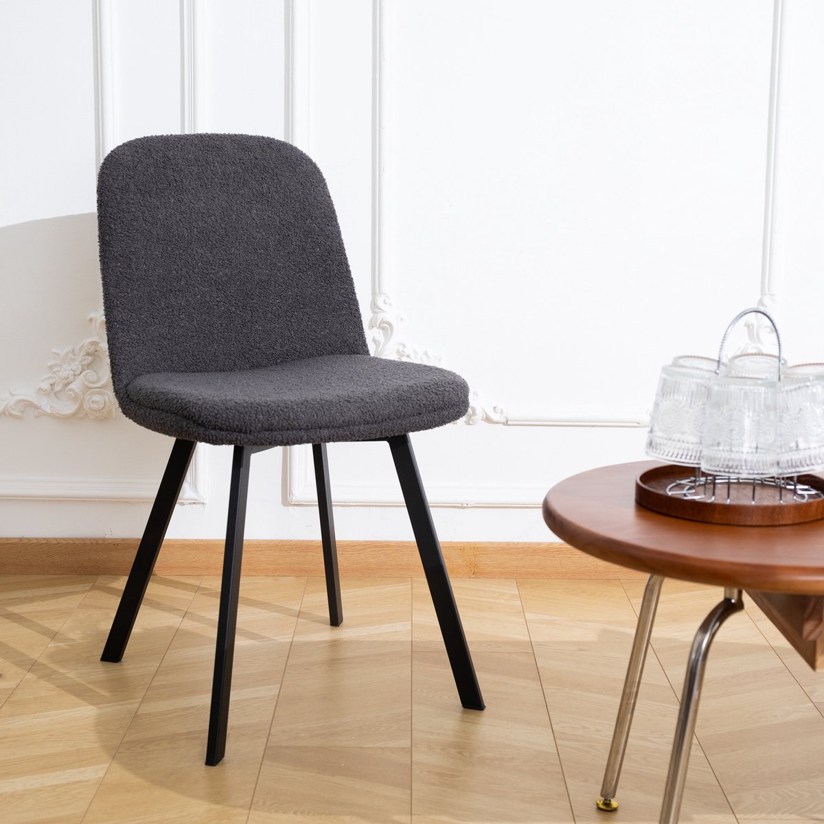 Eetkamerstoel Set Van 2 - Zachte Teddyfleece Zitting - Voor Eetkamer, Bureau En Ontspanning - Metalen Onderstel - Donkergrijs