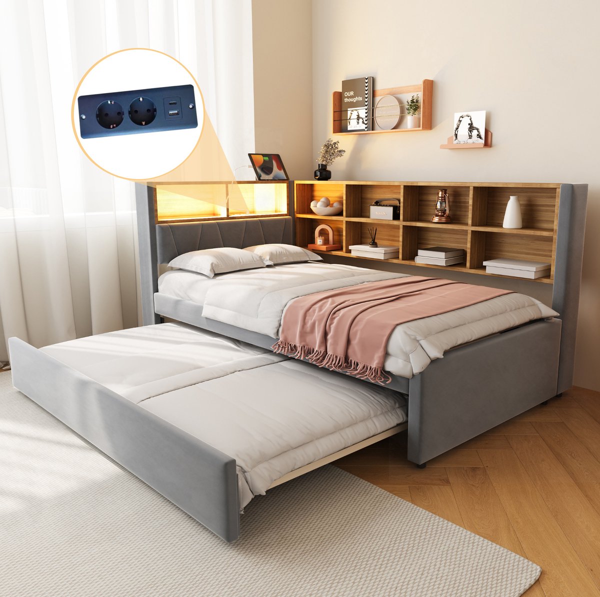 COVREO Slaapbank met uitschuifbed en LED – 90x200 cm – Bed met opbergvakken en USB-C – voor 2 personen – Donkergrijs - zonder matras