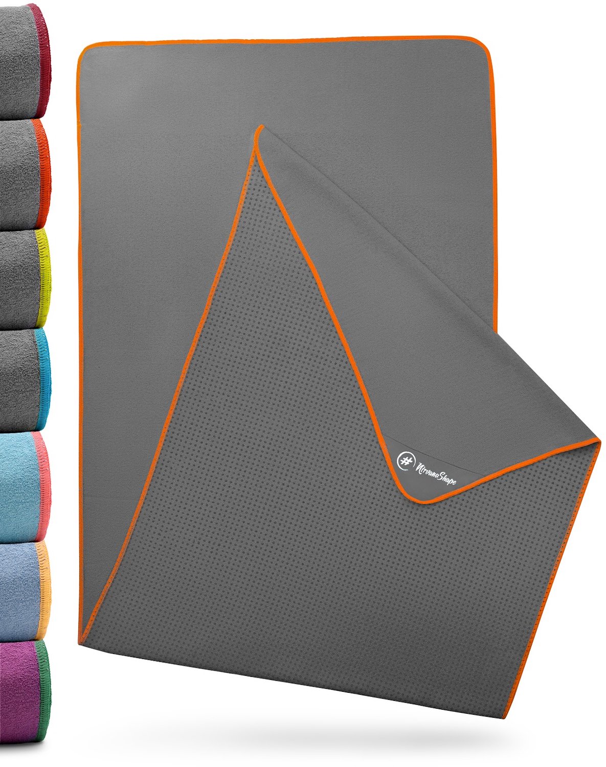 NIRVANASHAPE - Yogahanddoek als yogamat handdoek - antislip noppen - absorberende microvezel - hygiënisch en wasbaar op 40 graden - 185 x 63 cm - grijs/oranje