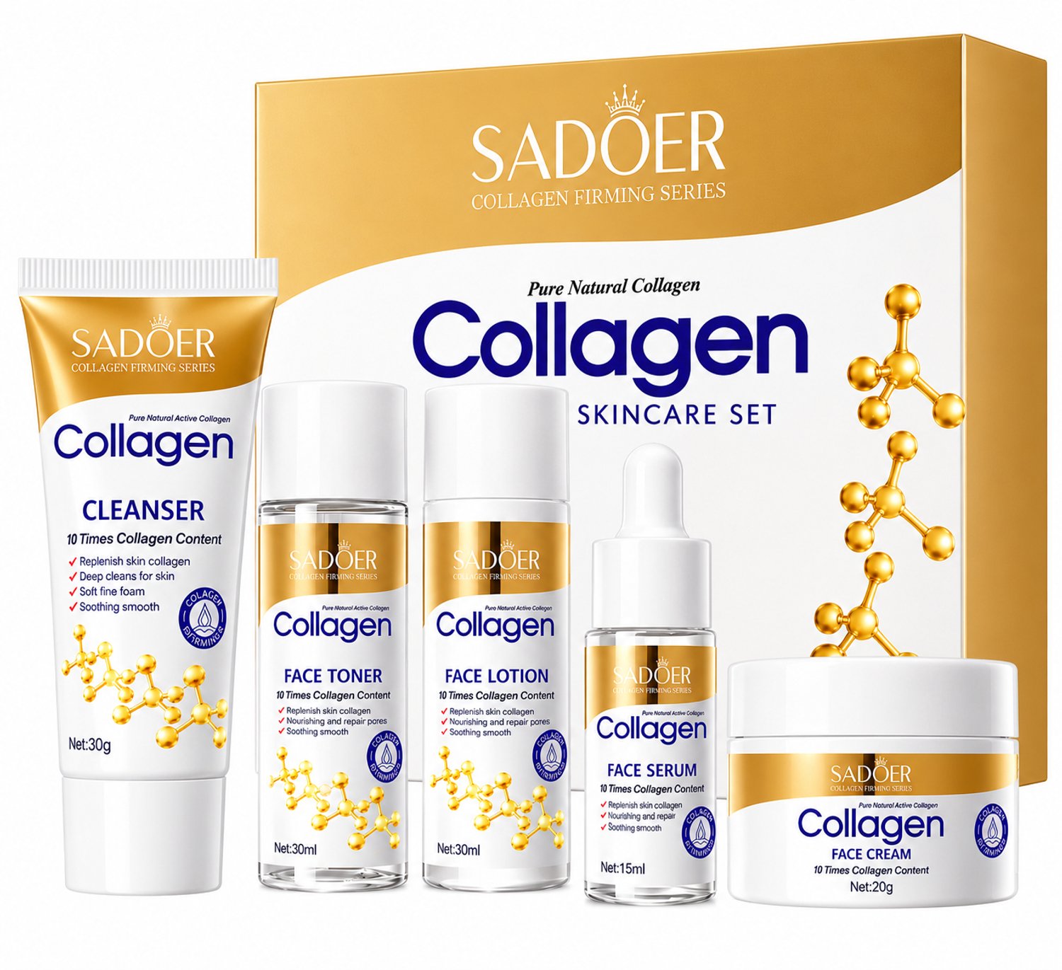 SADOER Collageen Gezichtsverzorgingsset | 5-Delige Skincare Set | Gezichtsreiniger, Toner, Lotion, Serum & Gezichtscrème | Hydraterende Gezichtsverzorging | Reisformaat | Geschenkset Dames & Heren | Dagelijkse Skincare Routine | Cadeau Set 5 X Delige